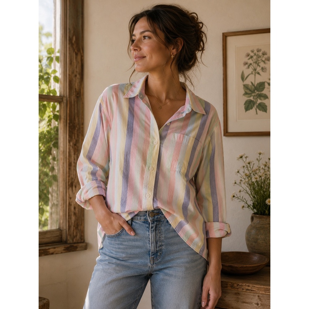 Jacque & KoKo Vintage Pastel Striped Cotton Button Up Shirt Womens 14/16 L XL